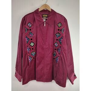 Bob Mackey Burgundy Red Wearable Art Embroidered Velvet Zip Front Jacket Size 2X